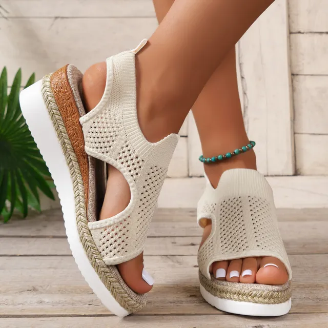 Peep Toe Flying Woven Sandals Women's Wedge Heel Beige - Shop at LoveMi