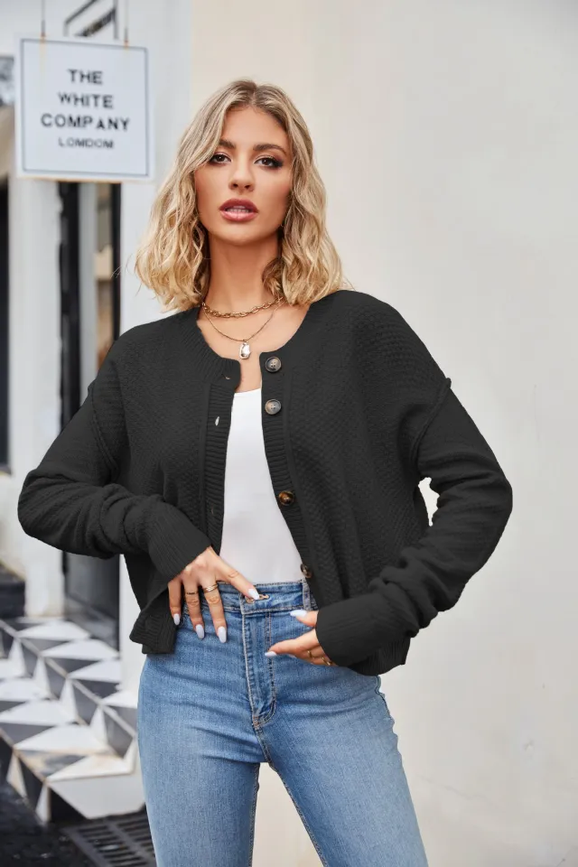 Knitted Cardigans Tops For Women Autumn And Winter Single Button Commuter Knitted Cardigan Jacket Black - Shop at LoveMi