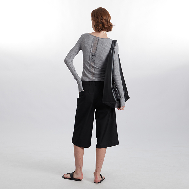 Round Neck Long Sleeve Top Striped Lace Design Thin Slim Fit