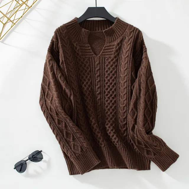 European And American Twist V neck Loose Casual Knitted Sweater For Women Coffee - Shop at LoveMi