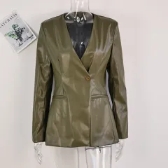 Fashionable Elegant Green V-neck Slim Suit Leather Coat - Green - View 1