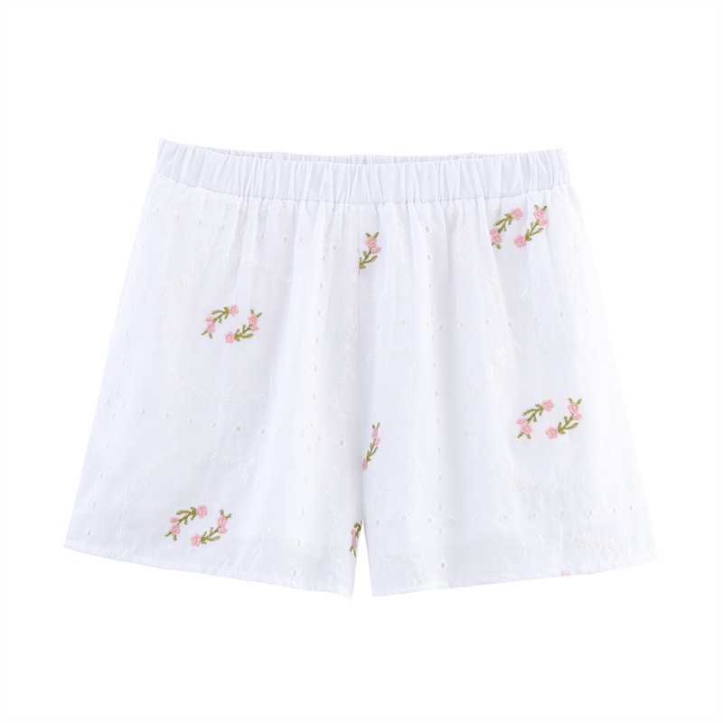 Puff Sleeve Embroidered Flower Shirt Shorts