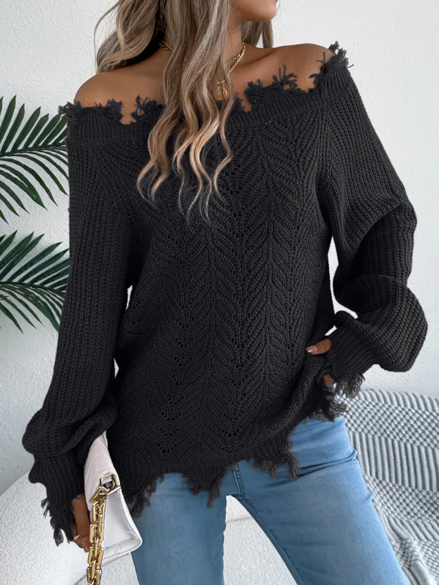 Hollow out Long sleeved Cut Off the shoulder Pullover Sweater Black - Shop at LoveMi