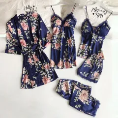 Pajamas Printed Women's Imitation Sling Sleeping Loose Comfortable Lace Five-piece Set - Blue - View 1