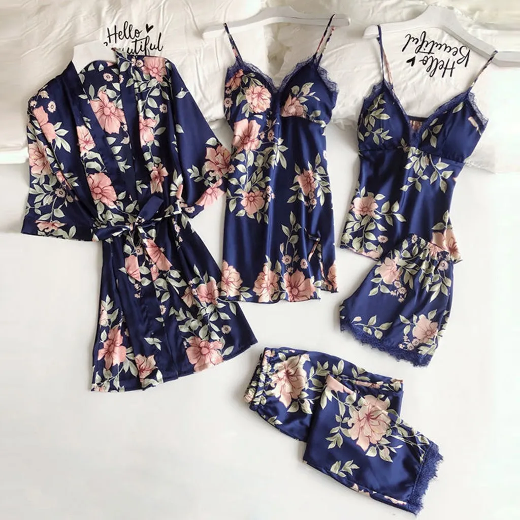 Pajamas Printed Women's Imitation Sling Sleeping Loose Comfortable Lace Five-piece Set - Blue