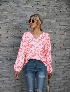 Leopard Print V-neck T-shirt Fashion Loose Long Sleeve Tops For Women Clothing - Pink - View 1