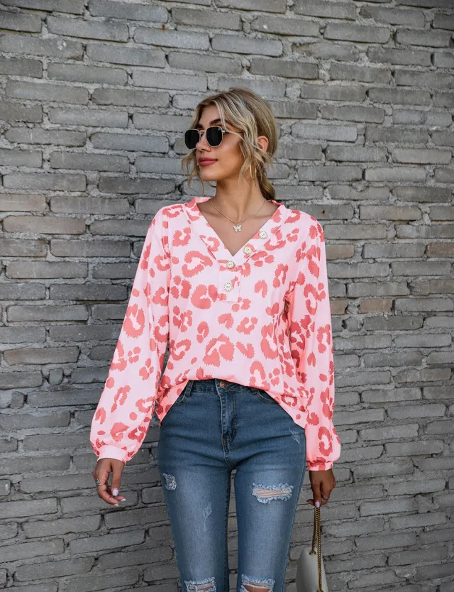 Leopard Print V neck T shirt Fashion Loose Long Sleeve Tops For Women Clothing Pink - Shop at LoveMi
