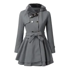 Women's Fur Collar Coat Double-breasted Trench Coat With Large Skirt - Gray - View 1