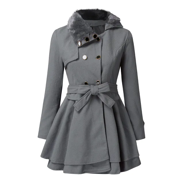 Women's Fur Collar Coat Double breasted Trench Coat With Large Skirt Gray - Shop at LoveMi