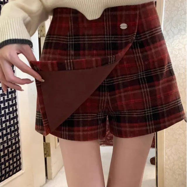 Red Plaid Skirt Women's Autumn And Winter American Retro A Line Skirt Woolen Culottes Red Plaid - Shop at LoveMi