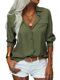 Women's Elegant Solid Chiffon Blouse Spring Summer Casual Long Sleeve V Neck Loose Shirt Office Lady Tunics Tops - Olive Green - View 1