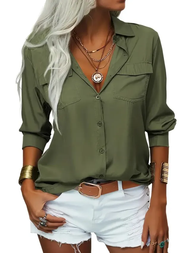 Women's Elegant Solid Chiffon Blouse Spring Summer Casual Long Sleeve V Neck Loose Shirt Office Lady Tunics Tops Olive Green - Shop at LoveMi