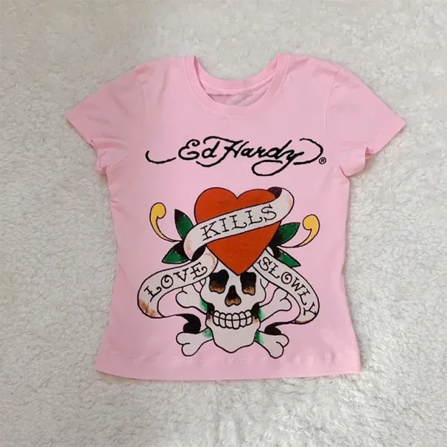 Short Print T shirt Women's Retro Europe And America Top Pink - Shop at LoveMi