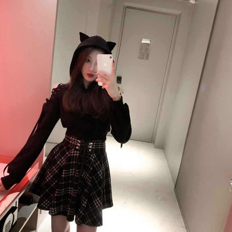 Title 13, Cat Ear Strap Sweater Woolen High Waist Skirt Suit