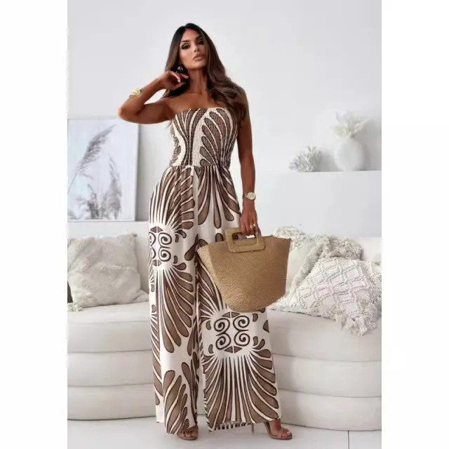 Off shoulder Tube Top Smocking Fitted Waist Jumpsuit Camel - Shop at LoveMi