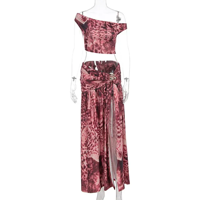 Pure Desire Style Sexy Print Oblique Shoulder Tops Split Skirt Suit Color - Shop at LoveMi