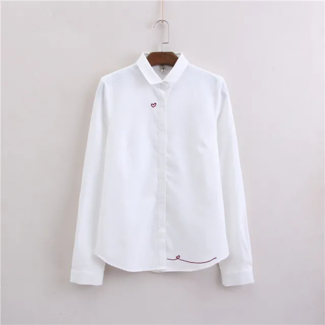 Women's Heart shaped Embroidered Oxford woven Bottoming Shirt Top White - Shop at LoveMi