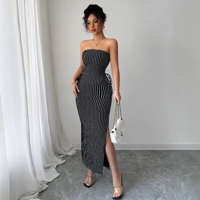 Women's Casual Striped Strapless Tube Top And Sheath Skirt Set Black - Shop at LoveMi