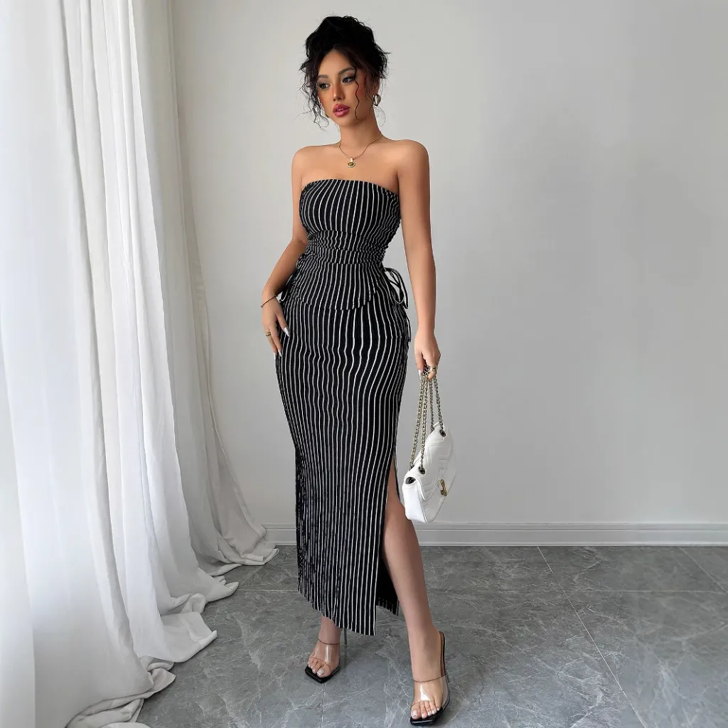 Women's Casual Striped Strapless Tube Top And Sheath Skirt Set - Black