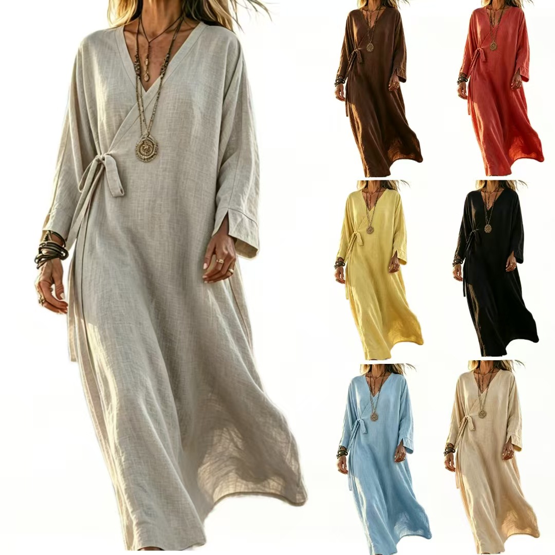 V-neck Crossover Strap Long-sleeve Resort Dress 719a89ee 9761 4c92 93c9 58c06babe75f