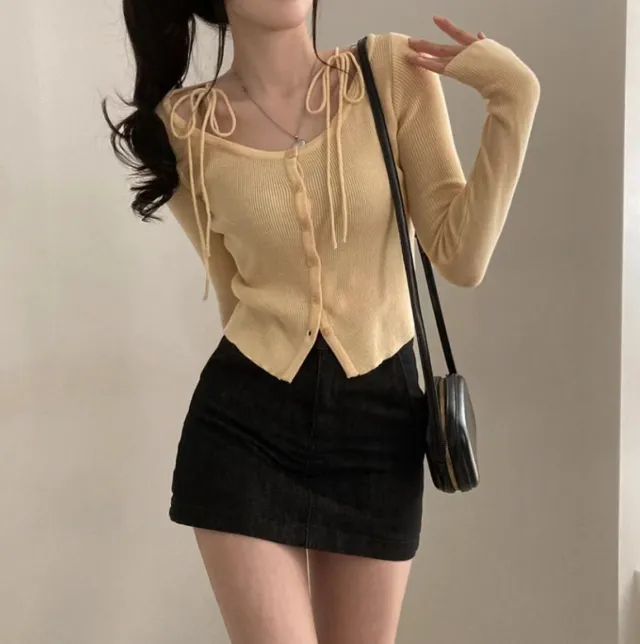 Women's French Style Tied Long sleeved Sweater Slimming Yellow - Shop at LoveMi