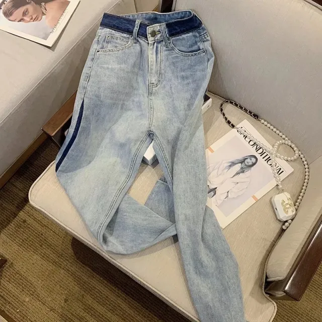 Women's Contrast Color Wide Leg Jeans Retro Blue - Shop at LoveMi