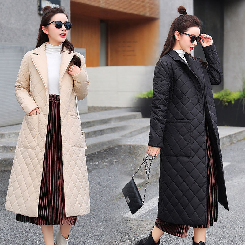 Mid-length Lightweight Cotton-padded Jacket Female Suit Collar Diamond Lattice Coat For Women