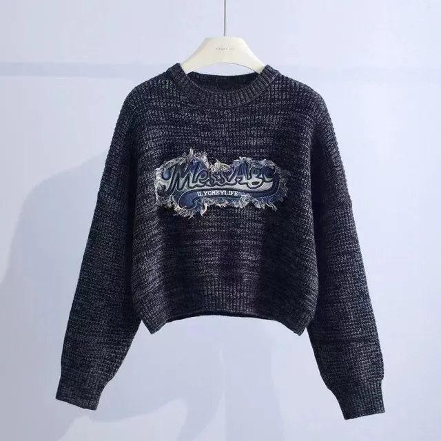 Tassel Denim Pattern Round Neck Sweater Top English Letter Black - Shop at LoveMi