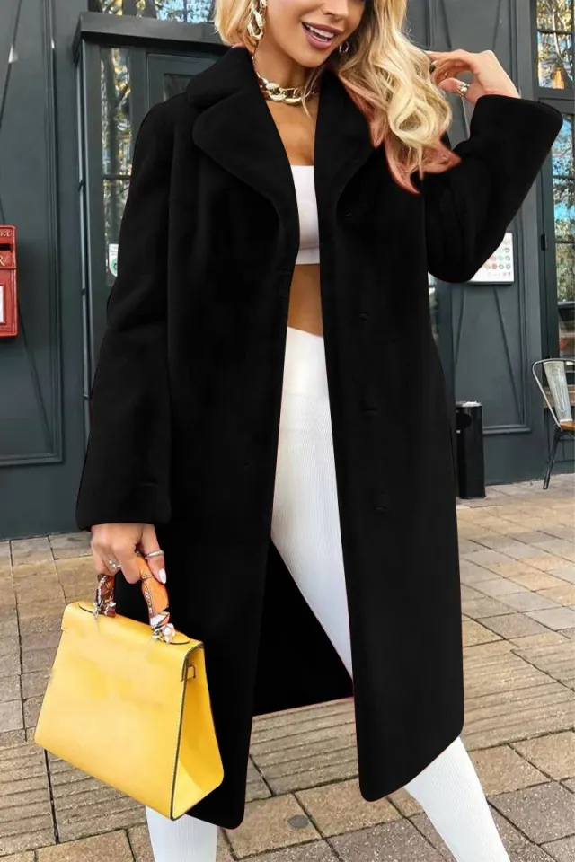 Women's Fashionable Elegant Lace up Turn down Collar Plush Long Coat Black - Shop at LoveMi