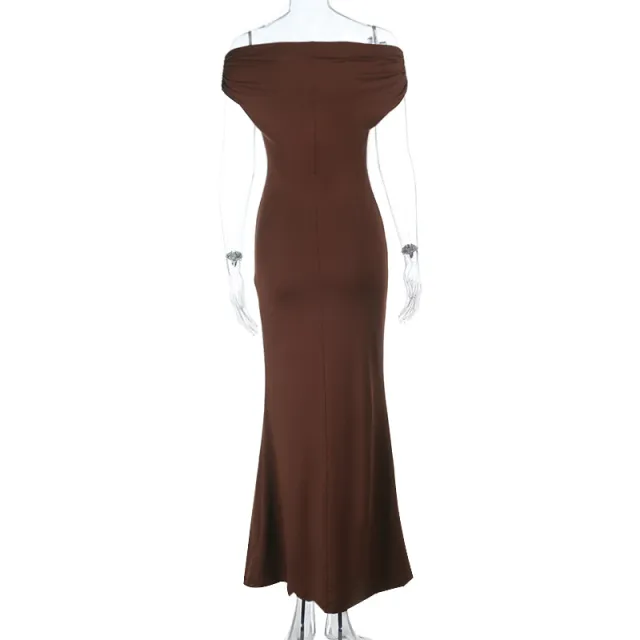 Off shoulder Pleated Slim Fit Sexy Backless Dress Women Brown - Shop at LoveMi