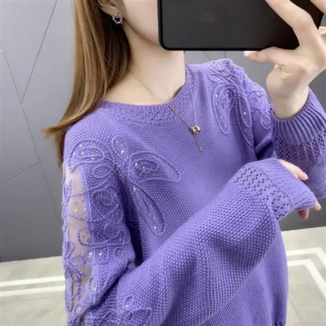 Pullover Lace Bottoming Shirt Long Sleeve Loose Hollow Knitted Sweater For Women Violet - Shop at LoveMi