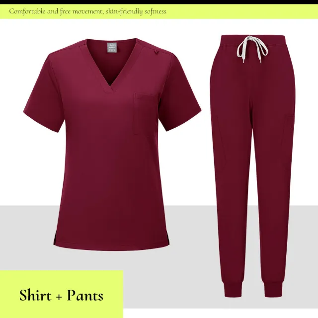 V neck Medical Scrub Top And Pant Set Wine - Shop at LoveMi
