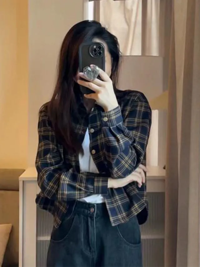 American Retro Short Plaid Shoulder Shirt Coat Navy - Shop at LoveMi