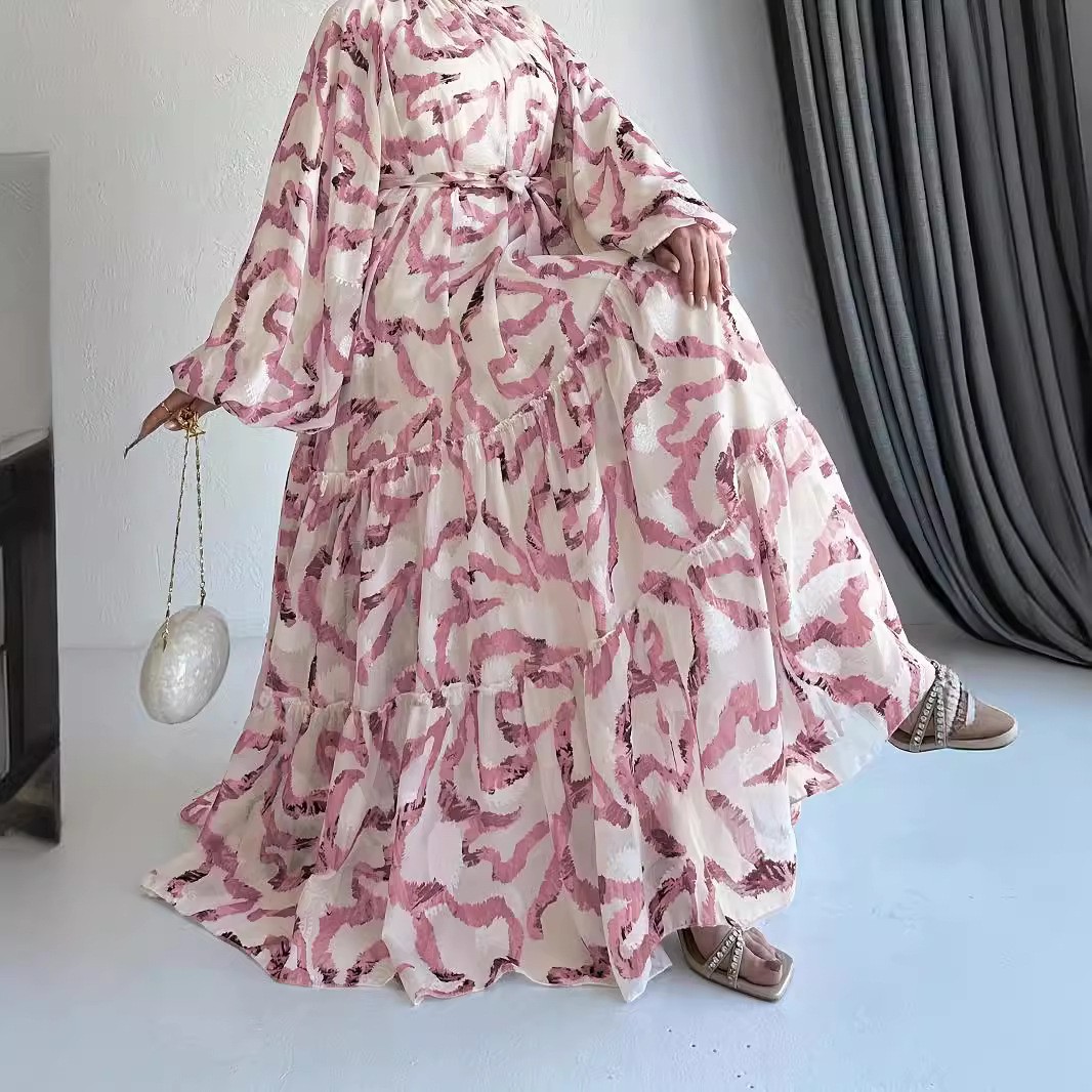 Chiffon Printed Maxi Dress With Beltstylish And Elegant Pink - Shop at LoveMi