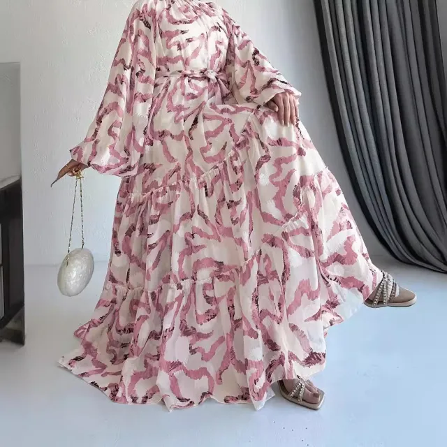 Chiffon Printed Maxi Dress With Beltstylish And Elegant Pink - Shop at LoveMi