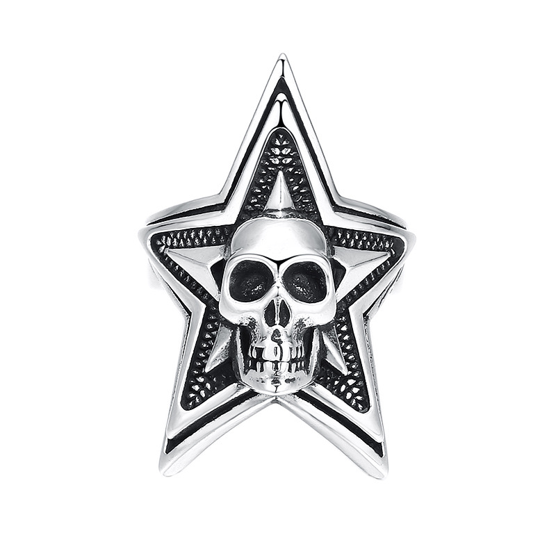 Sterling Silver Skull Five-pointed Star Men's Live Ring