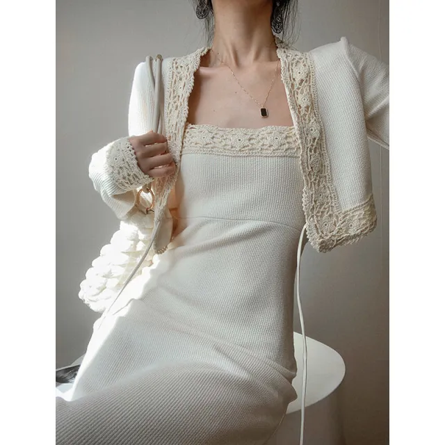 New French Commute Slim fit Knit Halter Dress Cardigan Two piece Set Suit - Shop at LoveMi