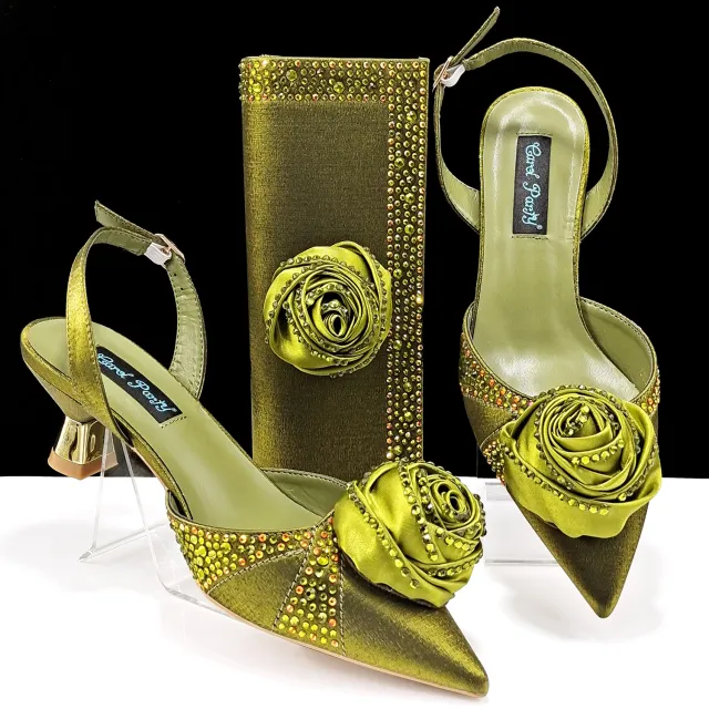 Women's Shoes And Bags Handmade Flower Decoration High Temperature Rhinestone Satin High Heels Suit Olive - Shop at LoveMi