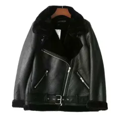 Fur Coat Women's Fleece-lined Thick Motorcycle Jacket - Black Fine Wool - View 1