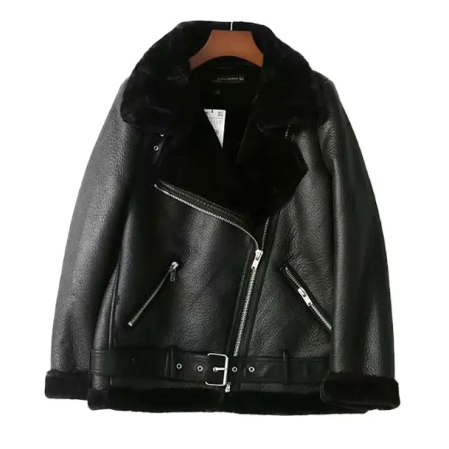 Fur Coat Women's Fleece lined Thick Motorcycle Jacket Black Fine Wool - Shop at LoveMi