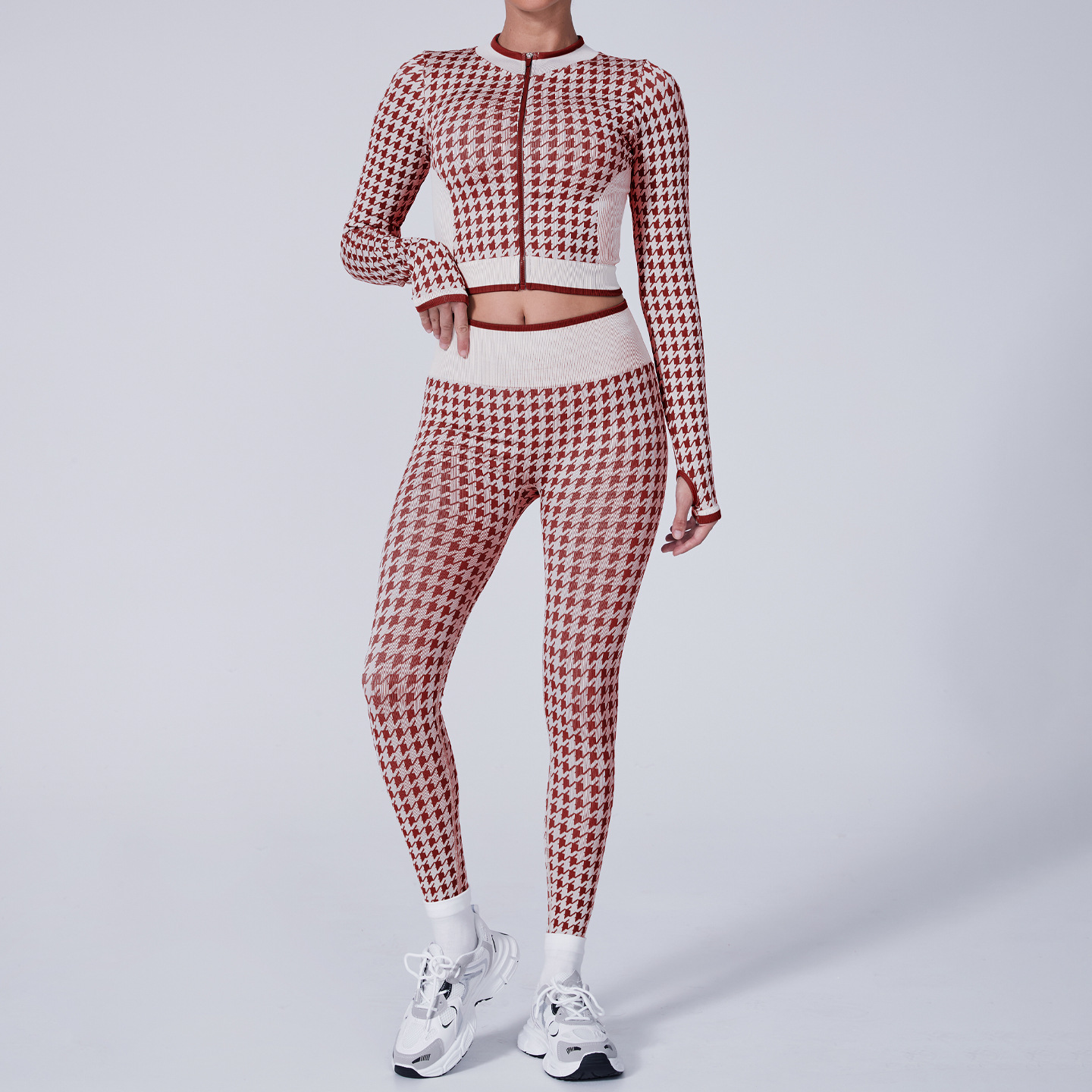 High Waist Houndstooth Yoga Suit Sports Fashion Wine Red - Shop at LoveMi