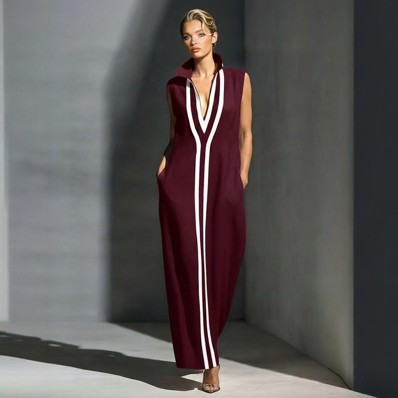 V-neck Sleeveless Contrast-striped Maxi Dress