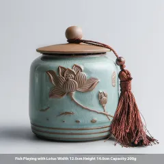 Ge Kiln Tea Jar Ceramic Sealed Can Large Stoneware Storage Tank Celadon Household Tea Caddy - Fish Play Lotus - View 1