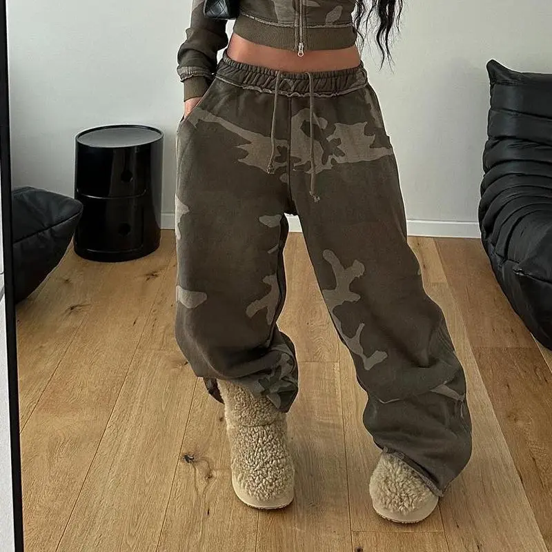 Camouflage Contrast Color Hooded Zipper Sweatshirt Loose Large Design Sweatpants Casual Two-piece Suit - Pants