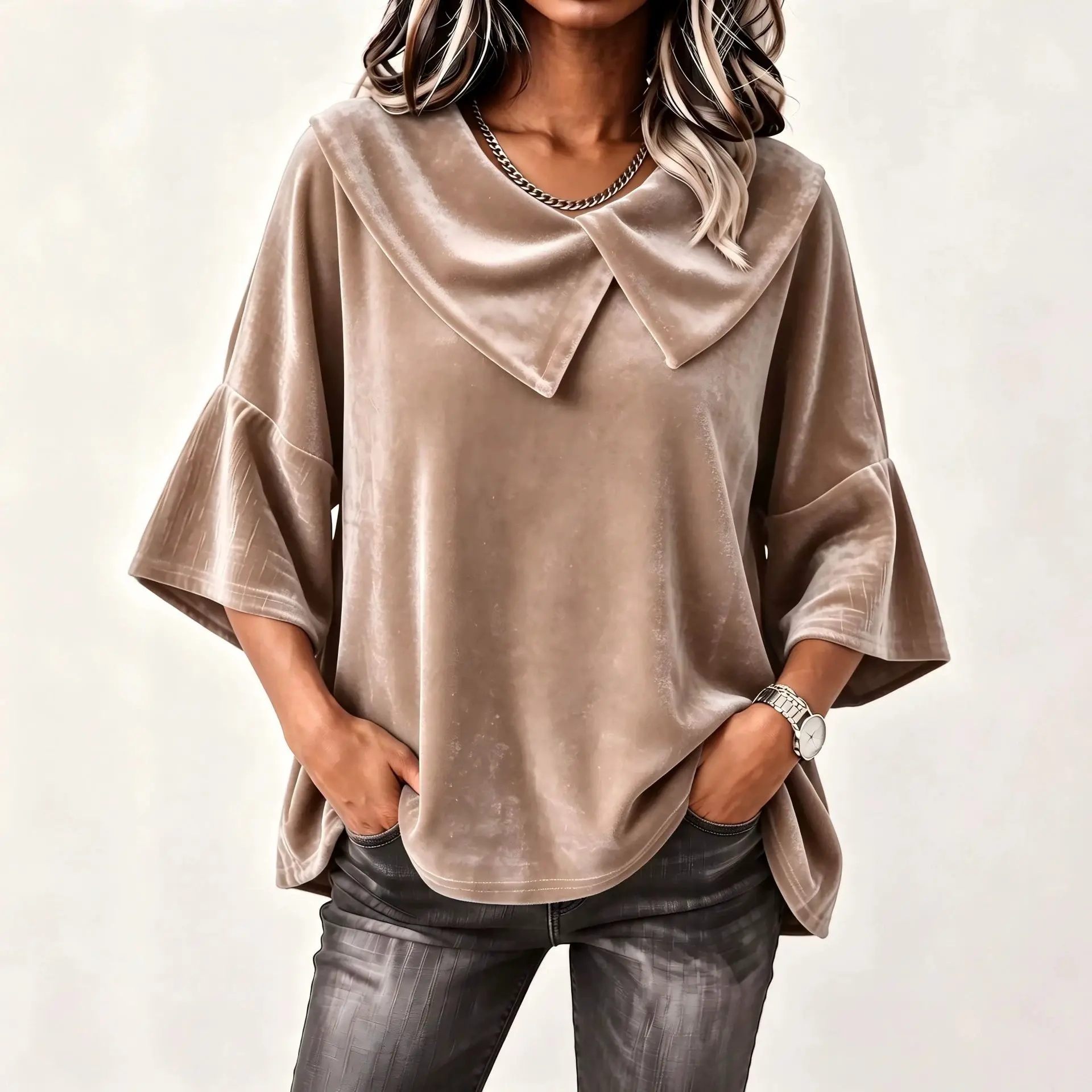 Solid-color Casual Gold Velvet Top