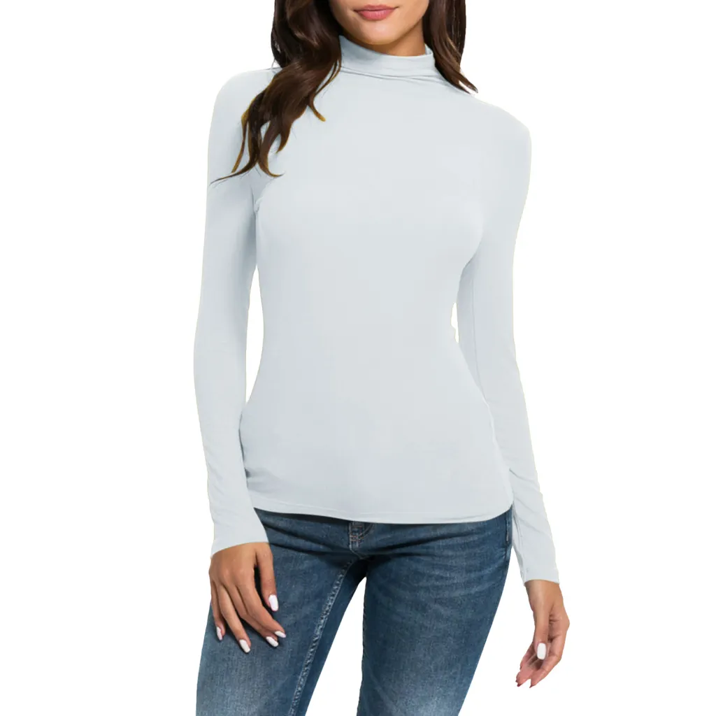 Women's Casual Long-sleeved Turtleneck Solid Color Top Bottoming Shirt - White