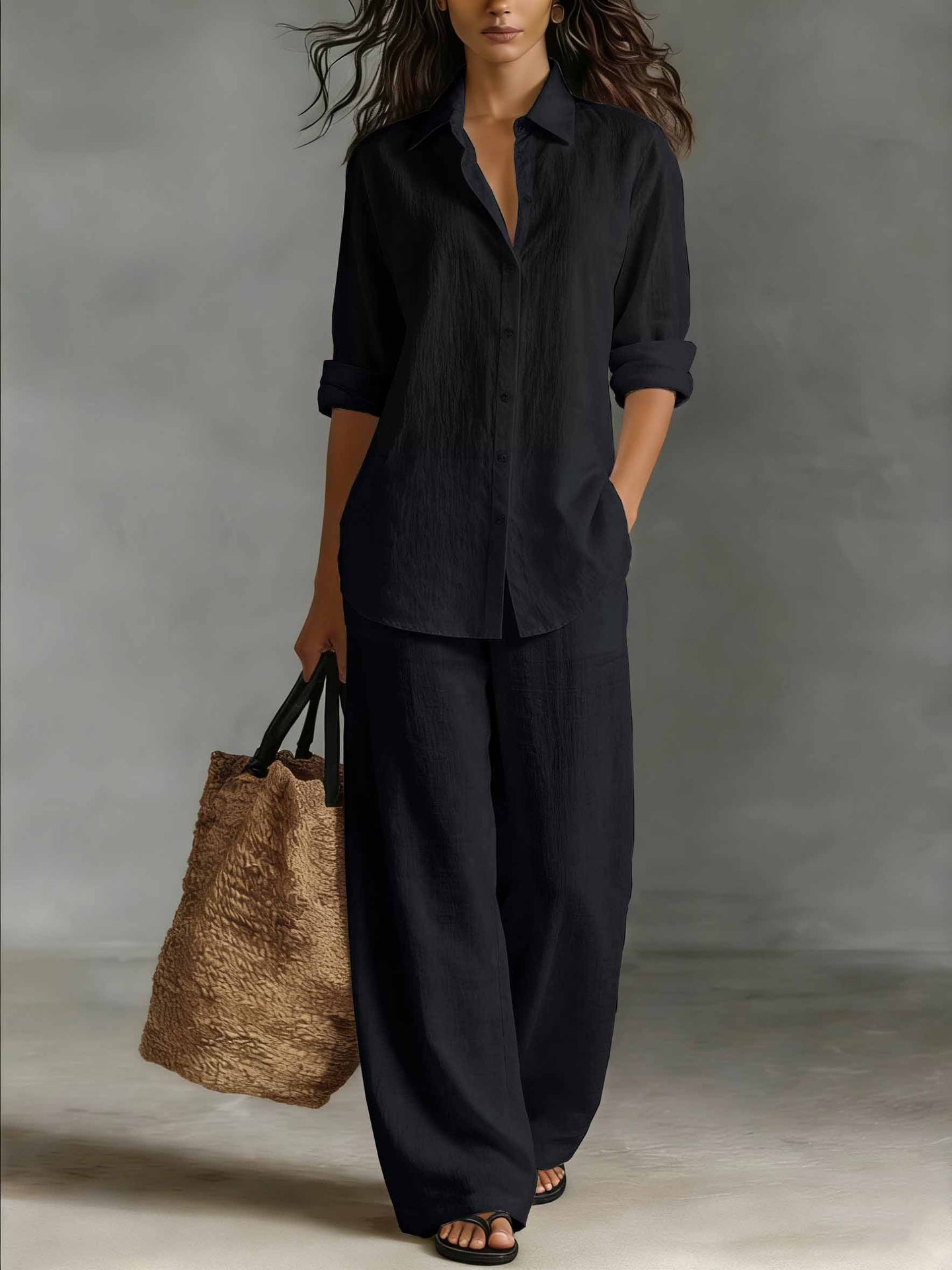 Women's Bohemian Linen Top and Pants Set in Black – elegant look