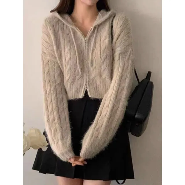 Soft Glutinous Niche Zipper Hooded Thickened Sweater Khaki - Shop at LoveMi