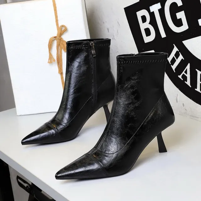 Slim Retro Soft Leather Pointed Toe Bare Single Boots Thin Heel Black - Shop at LoveMi