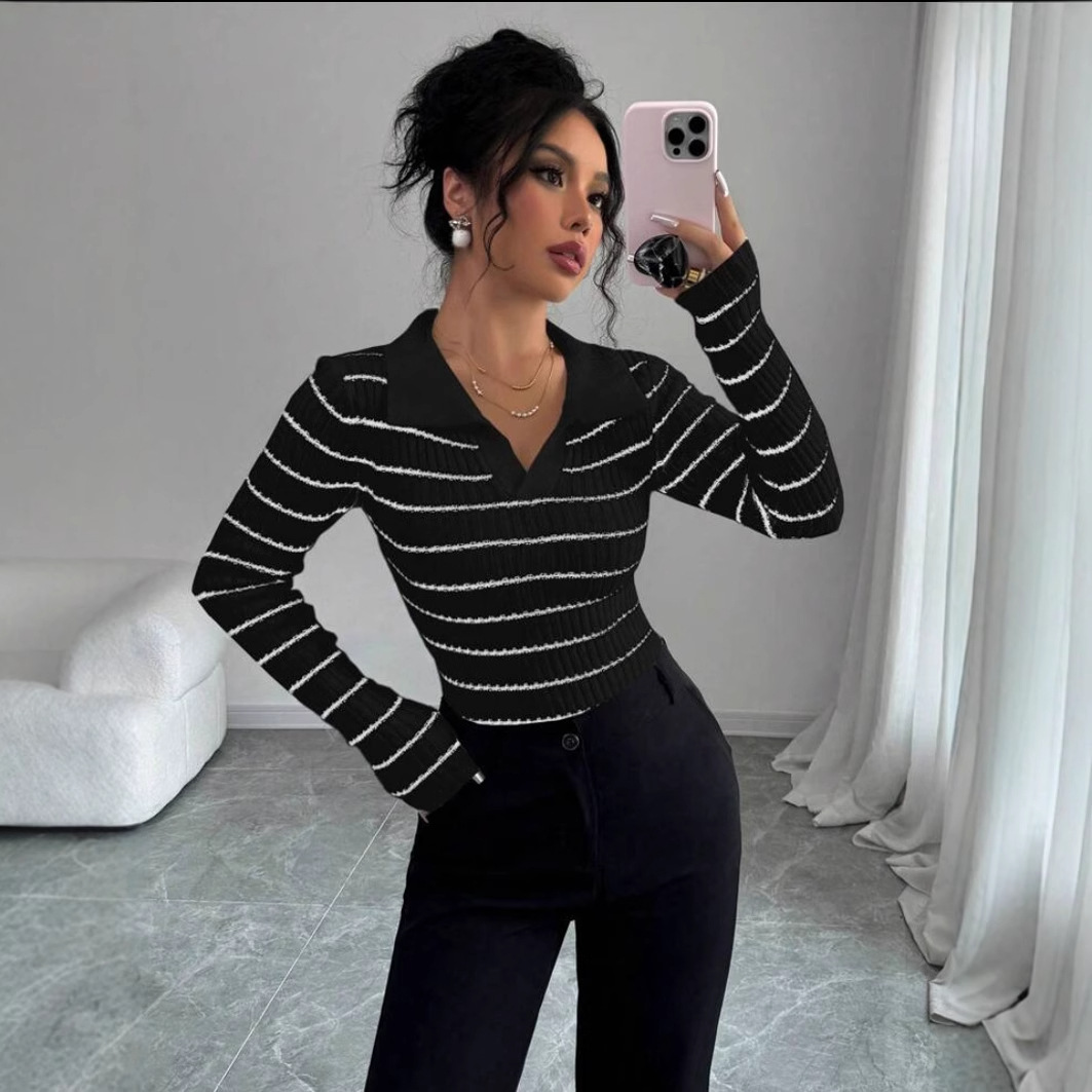 Striped Long Sleeve T-shirt Slim Fit Base Knitting Women - Image 4